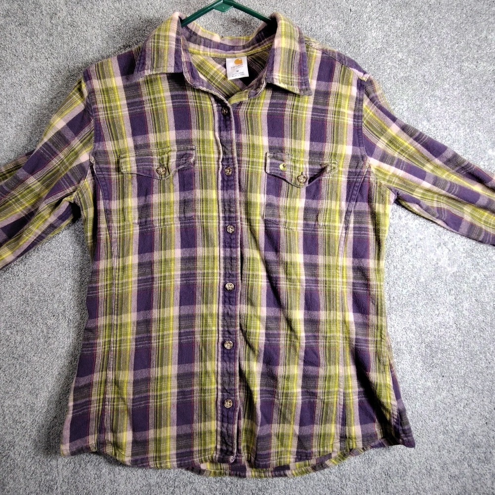 Carhartt Shirt Plaid Womens Button Down Long Sleeve Shirt Size M Purple Cotton